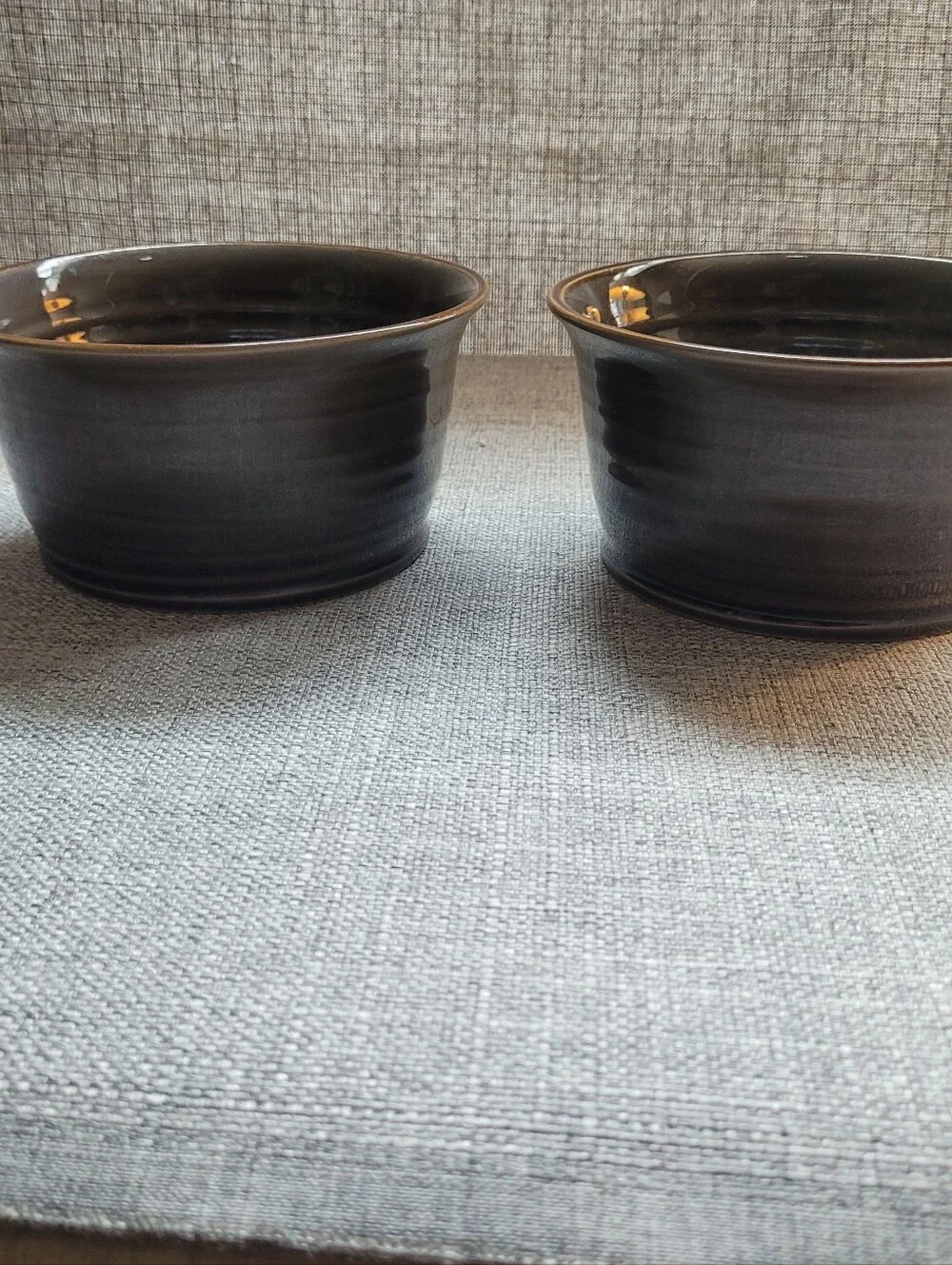Set of Two Baum Brothers TUSCANY Stoneware Bowls in Warm Gray with Brown Rim.